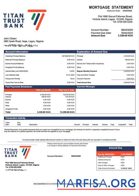 Downloadable Nigeria Titan Trust Bank mortgage statement Word and PDF template